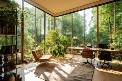  glass window wall view nature theme |,living room with nature behind glass windows ,modern nature themed living room ,fantastic view office room generative AI