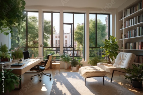glass window wall view nature theme  ,living room with nature behind glass windows ,modern nature themed living room ,fantastic view office room generative AI © ChaoticMind