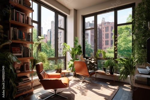 glass window wall view nature theme   living room with nature behind glass windows  modern nature themed living room  fantastic view office room generative AI