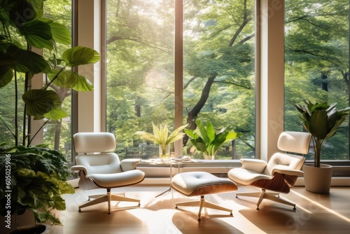 glass window wall view nature theme   living room with nature behind glass windows  modern nature themed living room  fantastic view office room generative AI