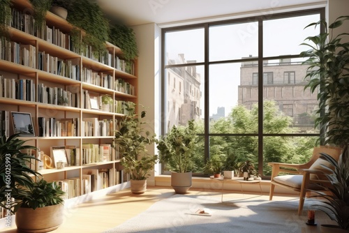glass window wall view nature theme |,living room with nature behind glass windows ,modern nature themed living room ,fantastic view office room generative AI