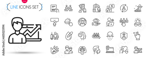 Pack of Correct checkbox, Smile and Couple line icons. Include Best glasses, Accounting, Computer fingerprint pictogram icons. Security agency, Face recognition, Video conference signs. Vector