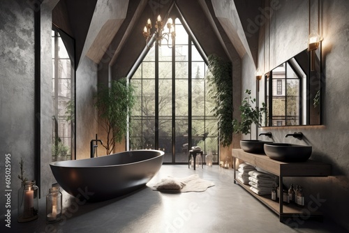 Interior of a luxurious attic bathroom in a minimalist mansion  featuring a concrete floor  gray walls  a double sink  and a big bathtub. Concept of self care and relaxation. Up close. a Generative AI