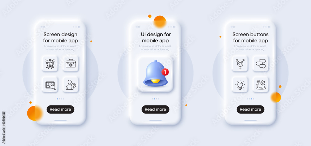 Genders, User idea and Search photo line icons pack. 3d phone mockups with bell alert. Glass smartphone screen. Light bulb, Loyalty award, Lake web icon. First aid, Talk bubble pictogram. Vector Genders, User idea and Search photo line icons pack. 3d phone mockups with bell alert. Glass smartphone screen. Light bulb, Loyalty award, Lake web icon. First aid, Talk bubble pictogram. Vector