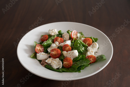 Salad with canned tuna, mozzarella and tomatoes in white bowl