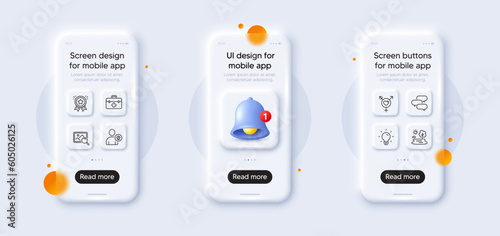 Genders, User idea and Search photo line icons pack. 3d phone mockups with bell alert. Glass smartphone screen. Light bulb, Loyalty award, Lake web icon. First aid, Talk bubble pictogram. Vector