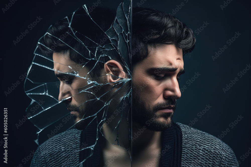 Portrait of a young, sad man against the background of broken glass ...