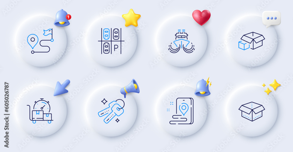 Open box, Fast delivery and Parking place line icons. Buttons with 3d bell, chat speech, cursor. Pack of Journey, Ship, Keys icon. Place, Packing boxes pictogram. For web app, printing. Vector - obrazy, fototapety, plakaty 