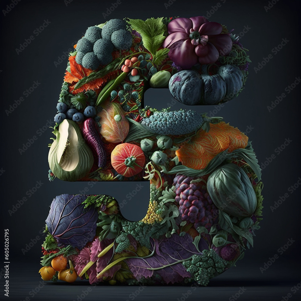 Ai generated number five made of fruits and vegetables. 3D Render green letter five, presentation of type character with raw plant foods. Concept of healthy vegetarian and whole food diet.