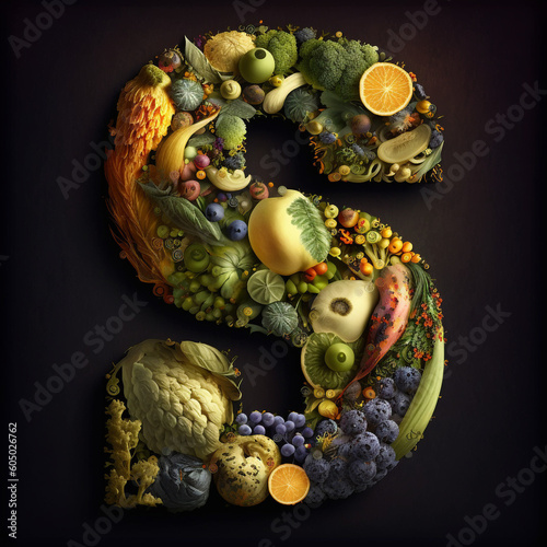 Ai generated ess made of fruits and vegetables. 3D Render green letter ess, presentation of type character with raw plant foods. Concept of healthy vegetarian and whole food diet and alphabet