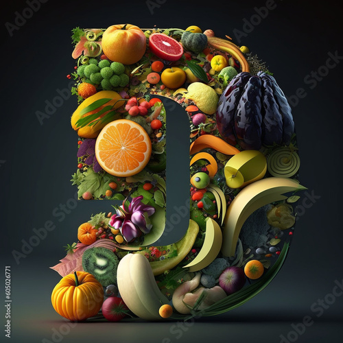 Ai generated dee made of fruits and vegetables. 3D Render green letter dee, presentation of type character with raw plant foods. Concept of healthy vegetarian and whole food diet and alphabet