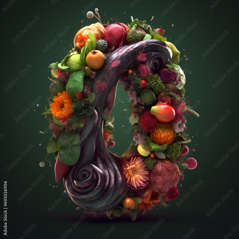 Ai generated number zero made of fruits and vegetables. 3D Render green letter zero, presentation of type character with raw plant foods. Concept of healthy vegetarian and whole food diet.