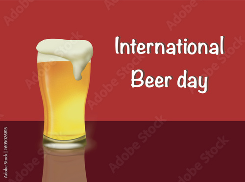 International Beer Day with a glass of fresh beer with froth and its reflection on a red background