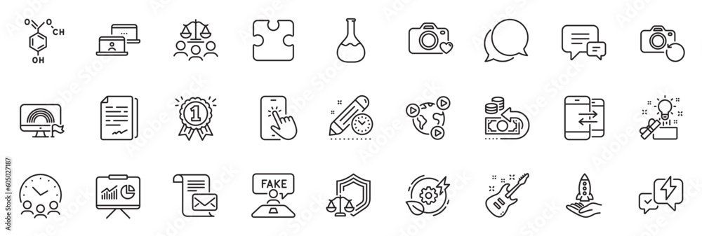Icons pack as Video conference, Creative idea and Presentation line icons for app include Justice scales, Lightning bolt, Recovery photo outline thin icon web set. Project deadline. Vector