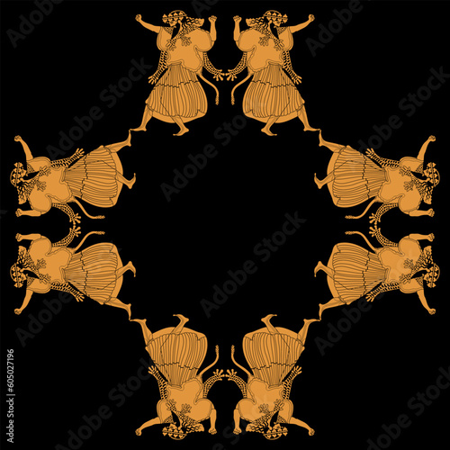 Geometrical ethnic frame with dancing ancient Greek men. God of wine Dionysus or Bacchus. Vase painting style. On black background.