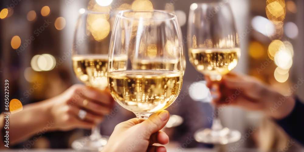 Close up of group of friends toasting with glasses of white wine at restaurant Close up of group of friends toasting with glasses of white wine at restaurant