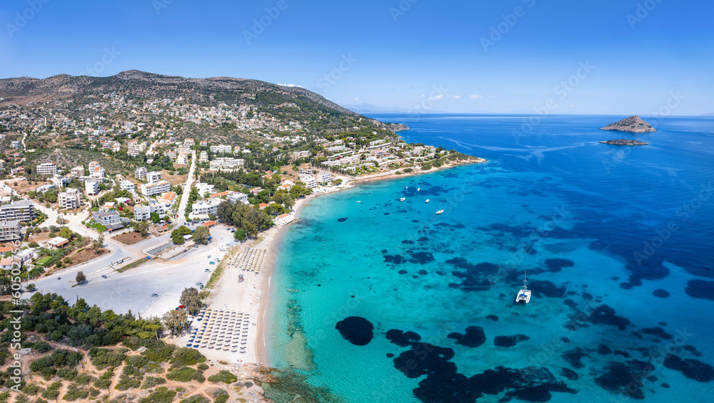 Panoramic aerial view of the beautiful beach at Agios Spiridonas, Porto Rafti, Greece