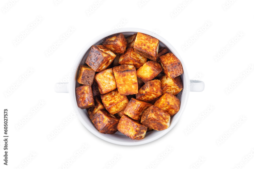 Fried Paneer on a white isolated background Fried Paneer on a white isolated background