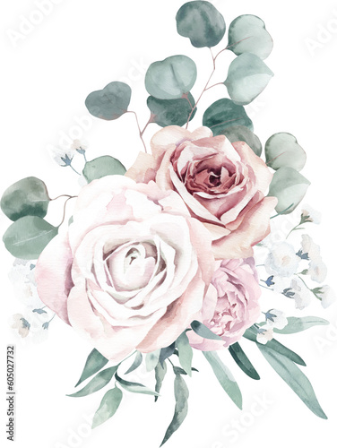 Watercolor Bouquet with Roses  Olives Branches and Gypsophila on Transparent Background