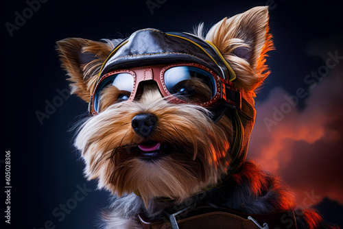 Illustration of Yorkshire terrier wearing aviator goggles. Dog pilot in plane. Generative AI