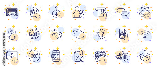 Outline set of Food app, Parking garage and Twinkle star line icons for web app. Include Edit user, Buying house, Update data pictogram icons. Security app, Talk bubble, 360 degrees signs. Vector