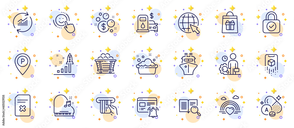Outline set of Security lock, Lgbt and Holidays shopping line icons for web app. Include Augmented reality, Filling station, Inspect pictogram icons. Piano, Internet notification. Vector