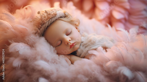 Baby princess angel in feather paradise made with AI baby pink aesthetic and pastel colors generative child portrait 
