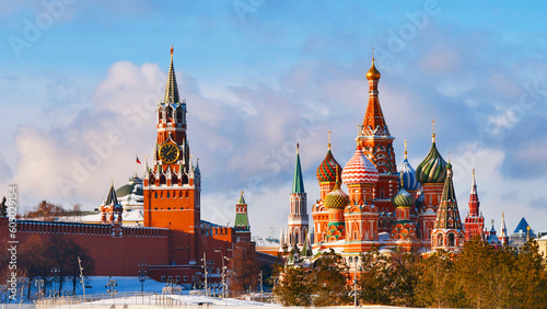 City in winter. Sunny day. Russia, Moscow. Russia, Moscow. The Kremlin, St. Basil's Cathedral