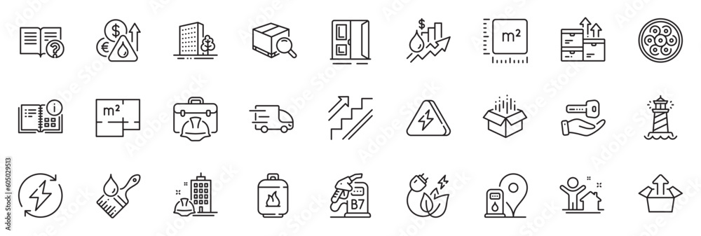 Icons pack as Diesel station, Open door and Square meter line icons for app include Wholesale goods, Brush, Search package outline thin icon web set. Buildings, Petrol station. Vector