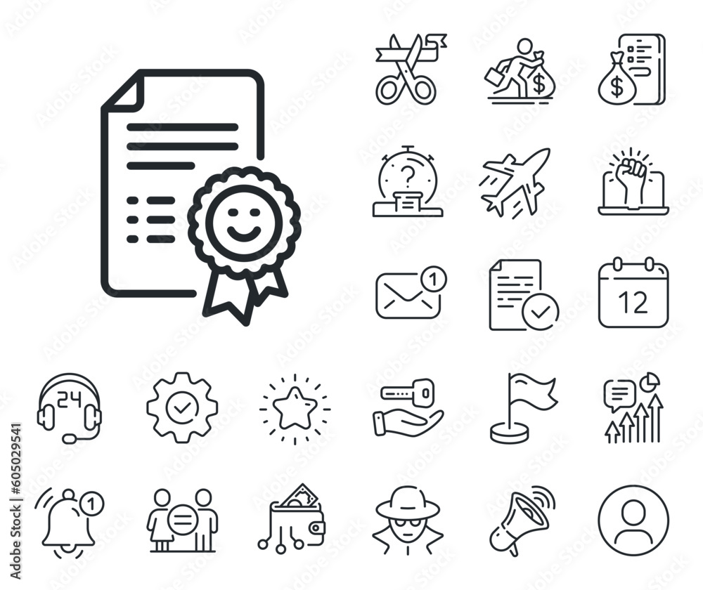 Positive feedback rating sign. Salaryman, gender equality and alert bell outline icons. Smile award line icon. Customer satisfaction symbol. Smile line sign. Spy or profile placeholder icon. Vector