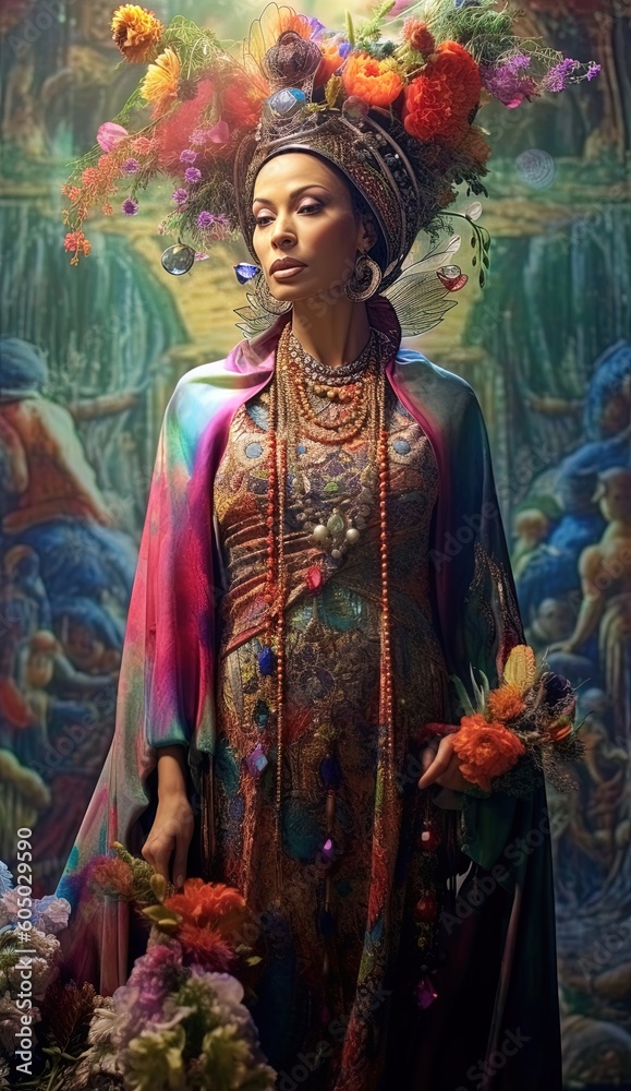 Fototapeta premium Shaman goddess woman in nature, woman in beautiful robes stands in nature and is linked to nature. Esoteric concept. Generative AI.