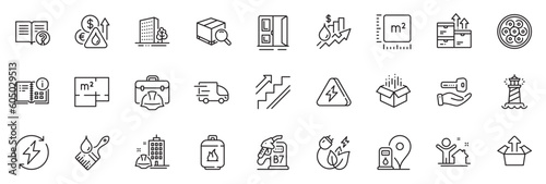 Icons pack as Diesel station  Open door and Square meter line icons for app include Wholesale goods  Brush  Search package outline thin icon web set. Buildings  Petrol station. Vector