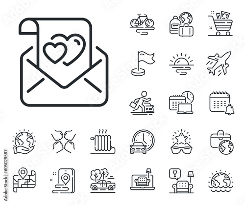 Valentine sign. Plane jet, travel map and baggage claim outline icons. Love letter line icon. Couple relationships symbol. Love letter line sign. Car rental, taxi transport icon. Vector