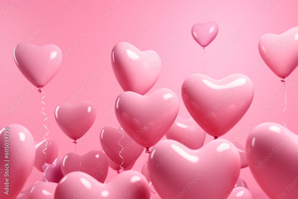 festive background - greeting card with heart-shaped balloons on a pink background. love and celebration. valentine's day card balloons with red heart. Generative AI 