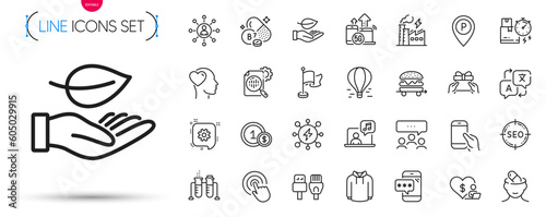 Pack of Leaf, Delivery time and Usd coins line icons. Include Power, Cogwheel, 5g internet pictogram icons. Meeting, Give present, Food delivery signs. Music, Hoody, Computer cables. Vector