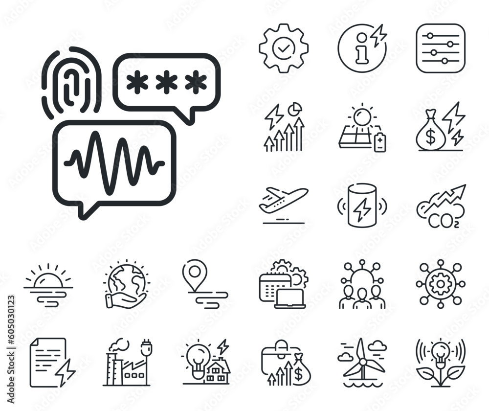 Fingerprint scan sign. Energy, Co2 exhaust and solar panel outline icons. Biometric security line icon. Privacy data symbol. Biometric security line sign. Eco electric or wind power icon. Vector