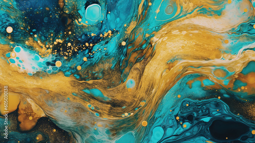 Colorful gold blue marble background with liquid abstract pattern. AI generative marble wall with golden paint wave splash on green turquoise