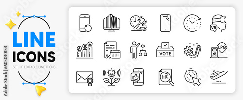 Recovery phone, Verified mail and Gas station line icons set for app include Graph chart, Algorithm, Plane outline thin icon. Auction hammer, Timer, Incubator pictogram icon. Vector