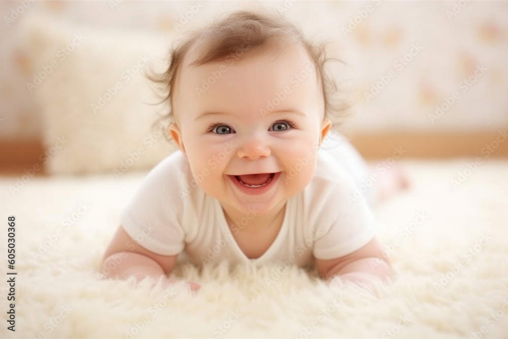 Adorable baby crawling on fluffy white rug. Generative AI Adorable baby crawling on fluffy white rug. Generative AI