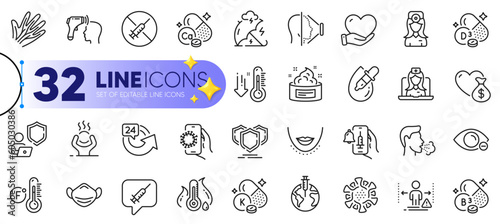Outline set of Oculist doctor, Skin cream and Eye drops line icons for web with Shield, Face id, Low thermometer thin icon. Vaccine message, Vaccine announcement, Chin pictogram icon. Vector
