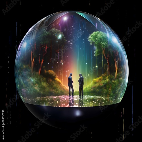 image shows Gemini in the sea on the jungle raining, in the style of bubble goth, realistic hyper - detailed rendering, glass as material, rounded, biomorphic, Flickr, stock photo, circular object on