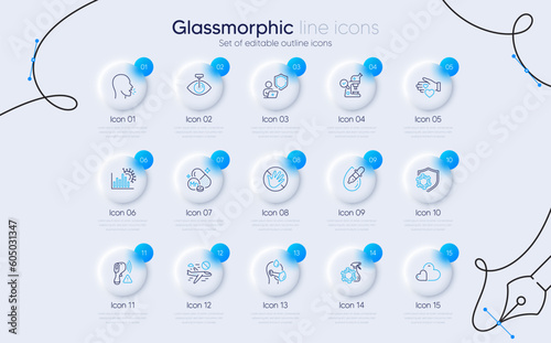 Set of Care, Volunteer and Shield line icons for web app. Coronavirus statistics, Microscope, Sick man icons. Coronavirus, Manganese mineral, Eye drops signs. Cough, Do not touch. Vector