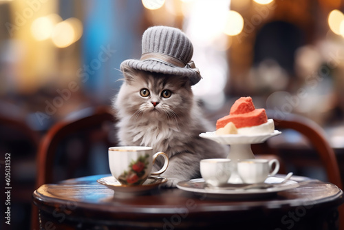 Cute cat in a hat sits in a cafe with a cup of coffee. Generative AI