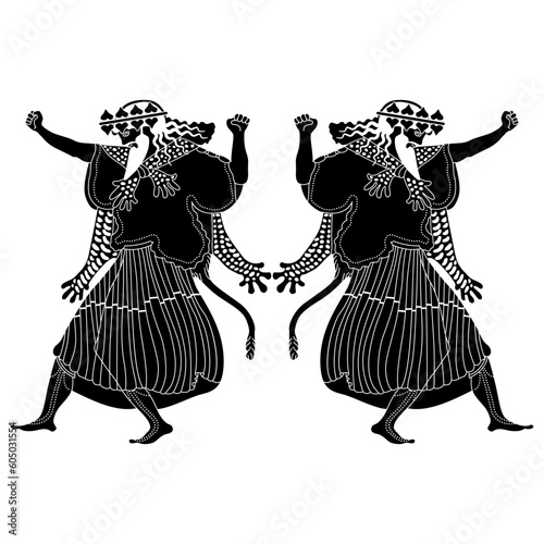 Symmetrical ethnic design with two dancing ancient Greek men. God of wine Dionysus or Bacchus. Vase painting style. Black and white negative silhouette.