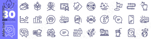 Cutting board, Text message and Music app line icons pack. Cocktail, Destination flag, Vegetables web icon. Touchscreen gesture, Medical drugs, Decreasing graph pictogram. Milestone. Vector