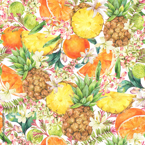 Watercolor Vintage Tropical Summer Fruit Seamless Pattern on White