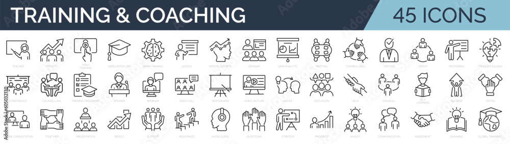 Set of 45 line icons related to training, coaching, mentoring, education, meeting, conference, teamwork. Outline icon collection. Editable stroke. Vector illustration - obrazy, fototapety, plakaty 