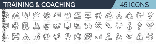 Foto Set of 45 line icons related to training, coaching, mentoring, education, meeting, conference, teamwork