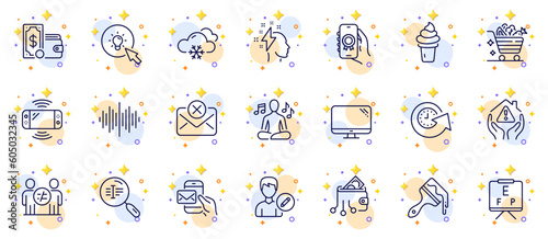 Outline set of Game console, Sound wave and Digital wallet line icons for web app. Include Yoga music, Computer, Brush pictogram icons. Messenger mail, House protection, Discrimination signs. Vector