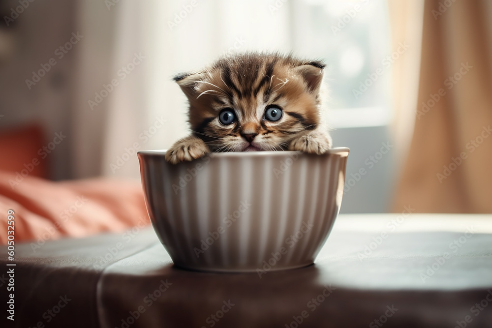 Cute kitten sits in a beige cup on a beige background. Generative AI
